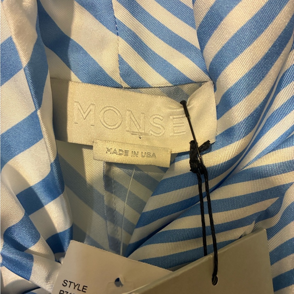 NWT MONSE 100% Silk Blue White Striped Bow Tie Midi Dress Size 2 - Picture 9 of 10